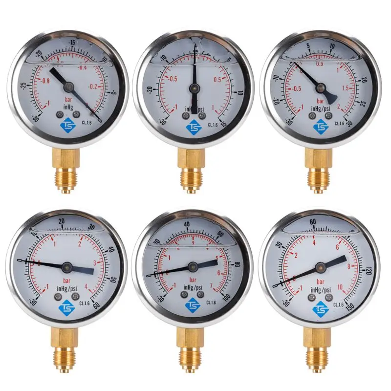 1/4 BSPT Bottom Compound Pressure Vacuum Gauge Glycerine Filled 68mm -1/+10 Bar & 30-150inhg Metal for Shell Gauge