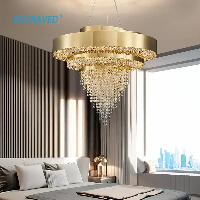 

Gold Luxury Living Room Chandelier Lamps Modern Round Crystal Household Dining Room Chinese Double-layer Model Room Large Lamp