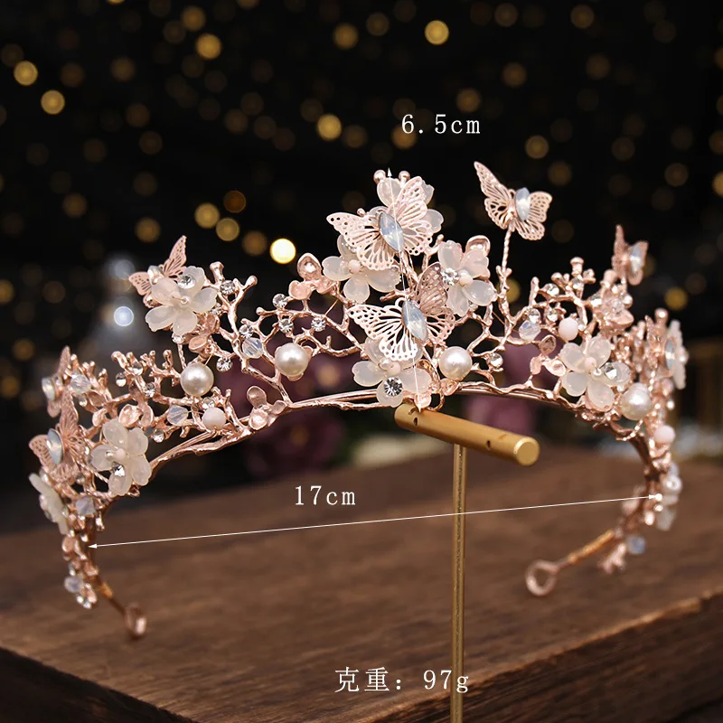Handmade Crown Cross-border Butterfly Crystal Crown Headband Bride Wedding Headdress Veil