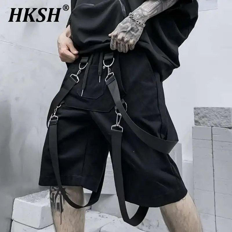 

HKSH Summer Ribbon Trendy Cotton Shorts Men's Tide Dark Streetwear Japanese Straight Knee Length Short Pants Chic Capris HK0680