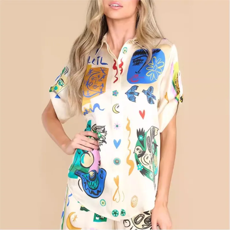 Summer Women\'s Fashion Graffiti Print Satin Short Sleeved Lapel Shirt High Waist Pocket Long Pants Casual Two-piece Set  Femme