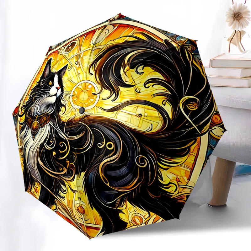 Cat Theme Design Folding Umbrella - Fashionable Auto-Open Design 8 Iron Ribs Plastic Handle Foldable Sunshade，Perfect Gifts