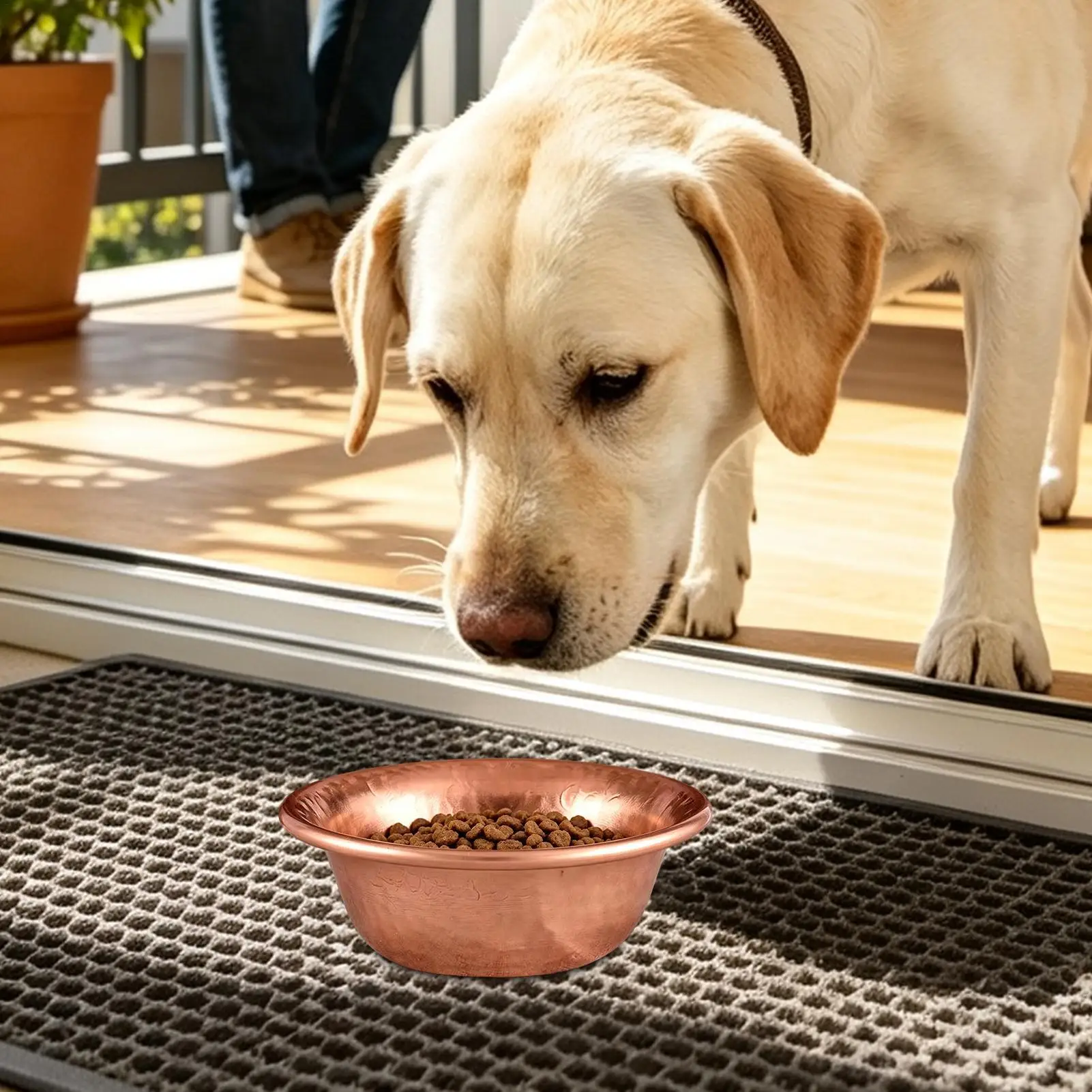 Copper Pet Water Bowl Hammered Stackable No-Coating Wide Metal Cat Food Water Bowl for Home Kitchen Garden Balcony Lounge Patio