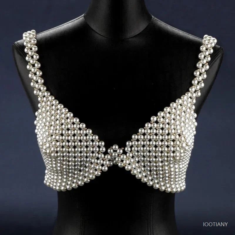 Women's Luxury White Pearl Beaded Bra Top Sleeveless Backless Beach Cover-up Tops Cosplay Sexy Party Festival Nightclub Carnival