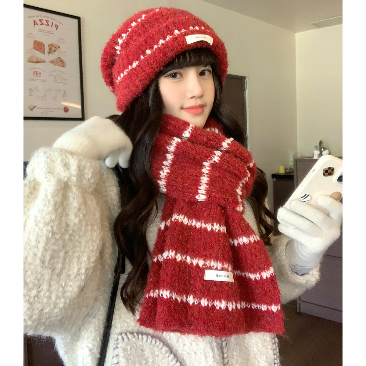 Women's Sweet Style Red Scarf New Style Chiffon Wool Korean Striped Knitted Scarf  Winter Atmospheric Thick Long Neck Warmer