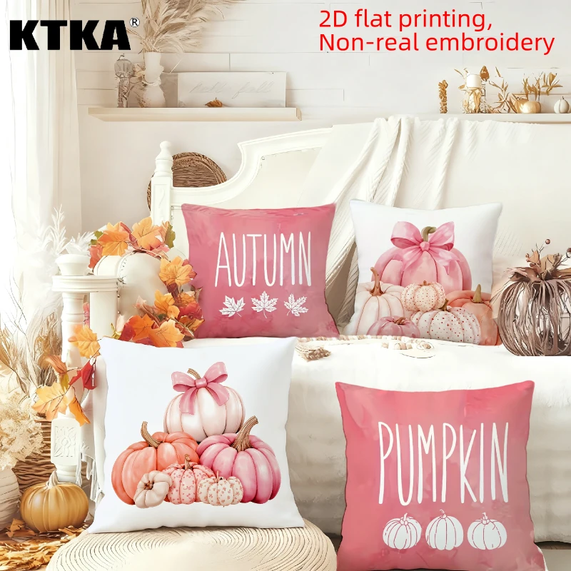 4Pcs, Pink Bow Pumpkin Throw Pillow Covers Autumn Maple Leaf Grateful Decor Cushion Covers Pastel Fall Farmhouse Sofa Couch