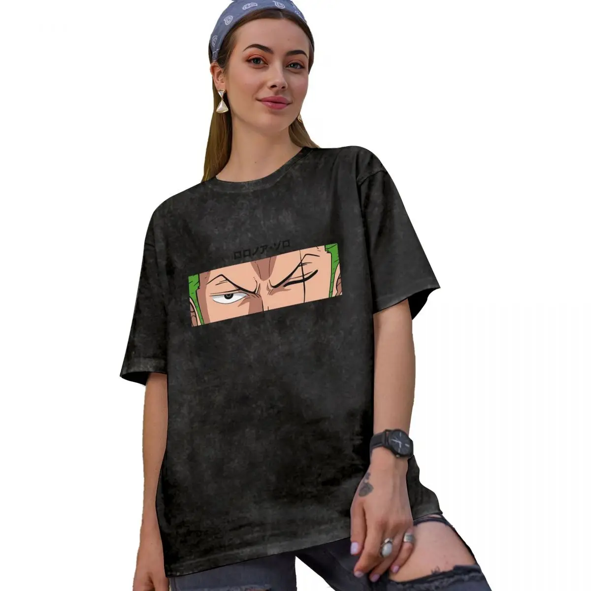 Vintage Washed T Shirt Roronoa Zoro Eyes Typo Casual T-Shirts Anime Print Novelty Tshirt for Women Summer Y2K Classic Top Tees