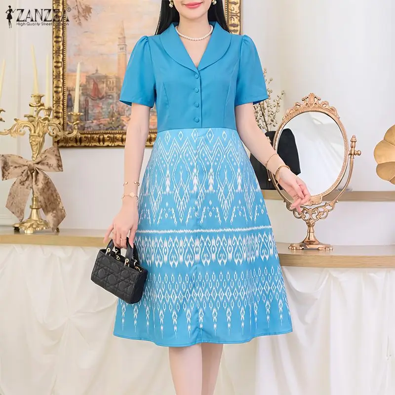 ZANZEA Elegant Women Ikat Print Patchwork Knee-Length Dress Vintage Shawl Collar Short Sleeve A-Line Dress Summer Party Vestidos