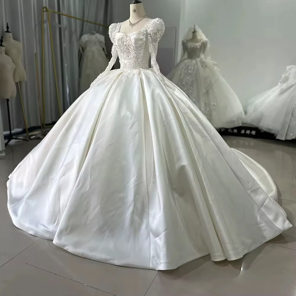 فستان mire عوVestido de novia de lujo con lentejuelas y cuello cuadrado, manga larga, con cordones y abertura en la cerradura en la espalda