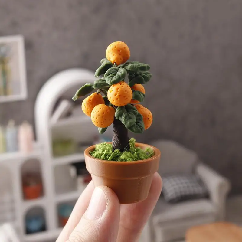 Miniature Orange Tree Potted Plant Ornament 1:12 Dollhouse Fruit Tree Bonsai Decoration Model Toy Micro Landscape Photo Props