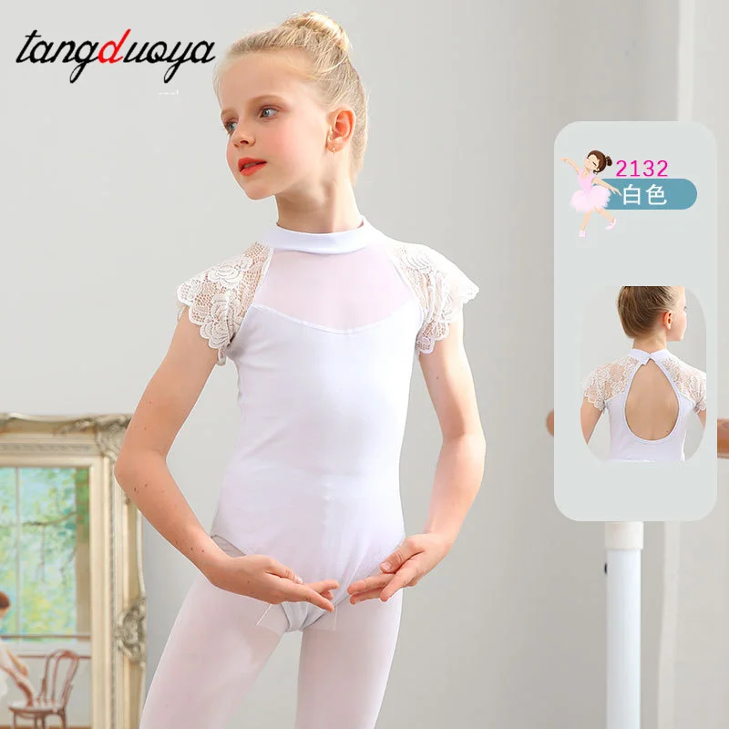 Body da balletto in pizzo per ragazze Colletto alla coreana Body da ginnastica con schiena cava Body da balletto in cotone Body da ballo per bambini per ragazze