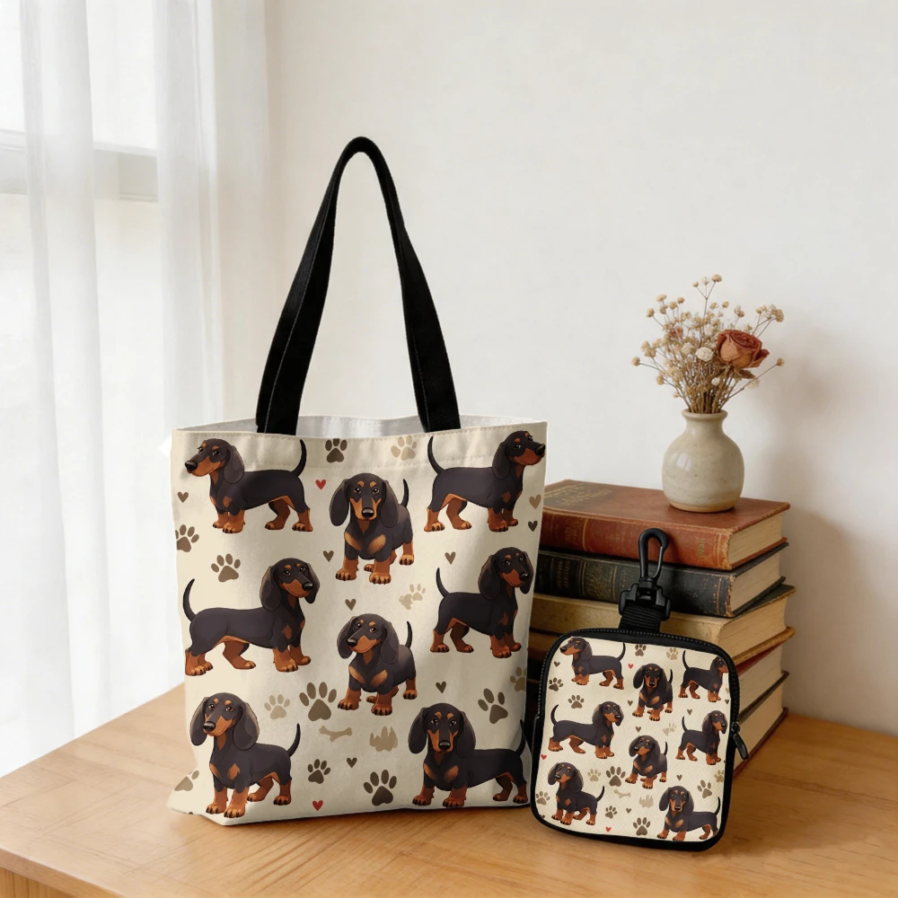 Dachshund Dog Paw Print Heart Pattern Tote Bag with Portable Coin Wallet - Shoulder Bag for Grocery Shopping, Doxie Owner Gift