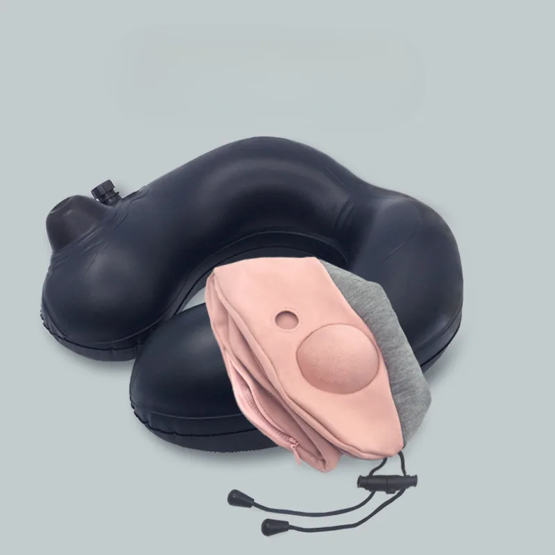 Press Inflatable U-shaped Neck Pillow Travel Nap Head Rest Cushion with Storage Bag for Traveling Airplane Car Sleeping