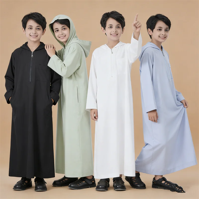 

Детская мусульманская одежда для мальчиков на Рамадан: джубба, тоба, абайя с капюшоном, кафтан, длинный рукав, роба, платье-накидка в арабском стиле, Дубай, исламская одежда