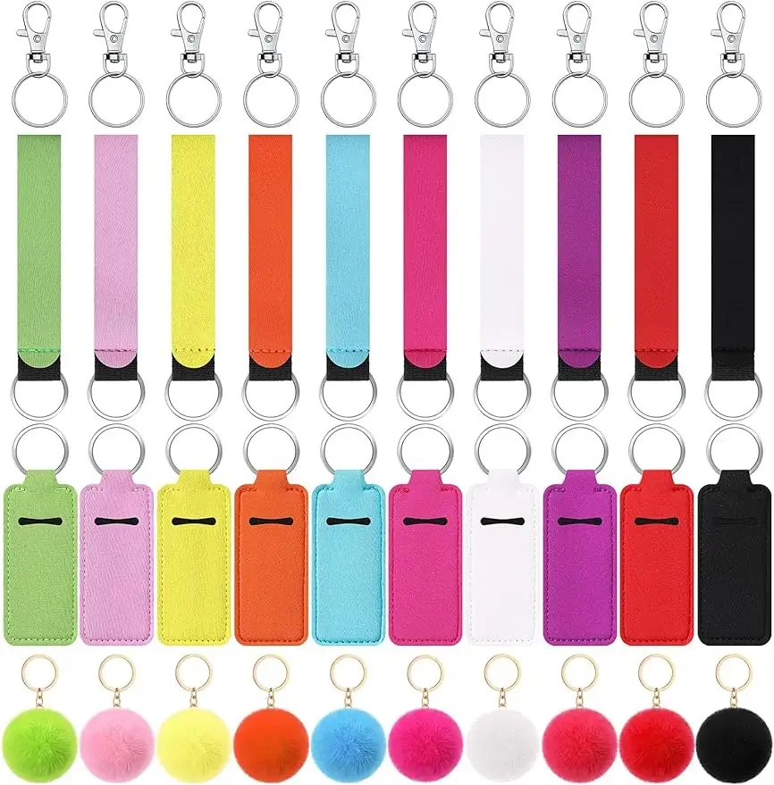 Lipstick Holder, Keychain ,Lip Holder Keychain, Clip on Lipstick Pouch Fluffy Ball Keychain with Keyring,10COLORS/40PIECES