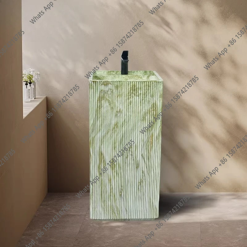 Minimal light luxury column type green marble stone pattern personalized column basin integrated floor washing table