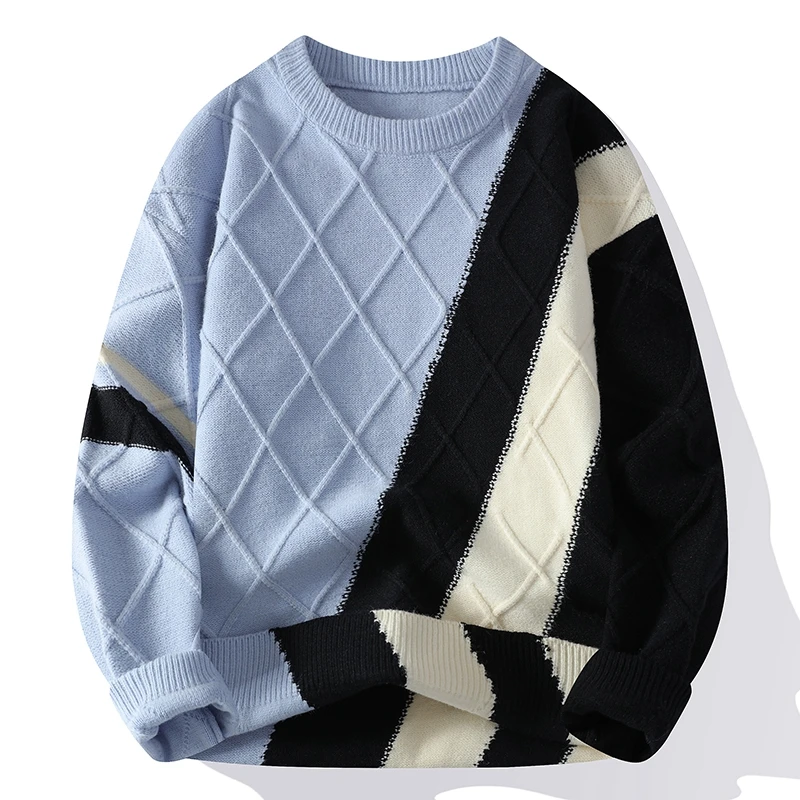 

Korean Mens Handsome Plaid Sweater 2024 Fall Winter Luxury Knit Sweaters Men Jumper Top Designer Soft Warm Fashion New Pullover