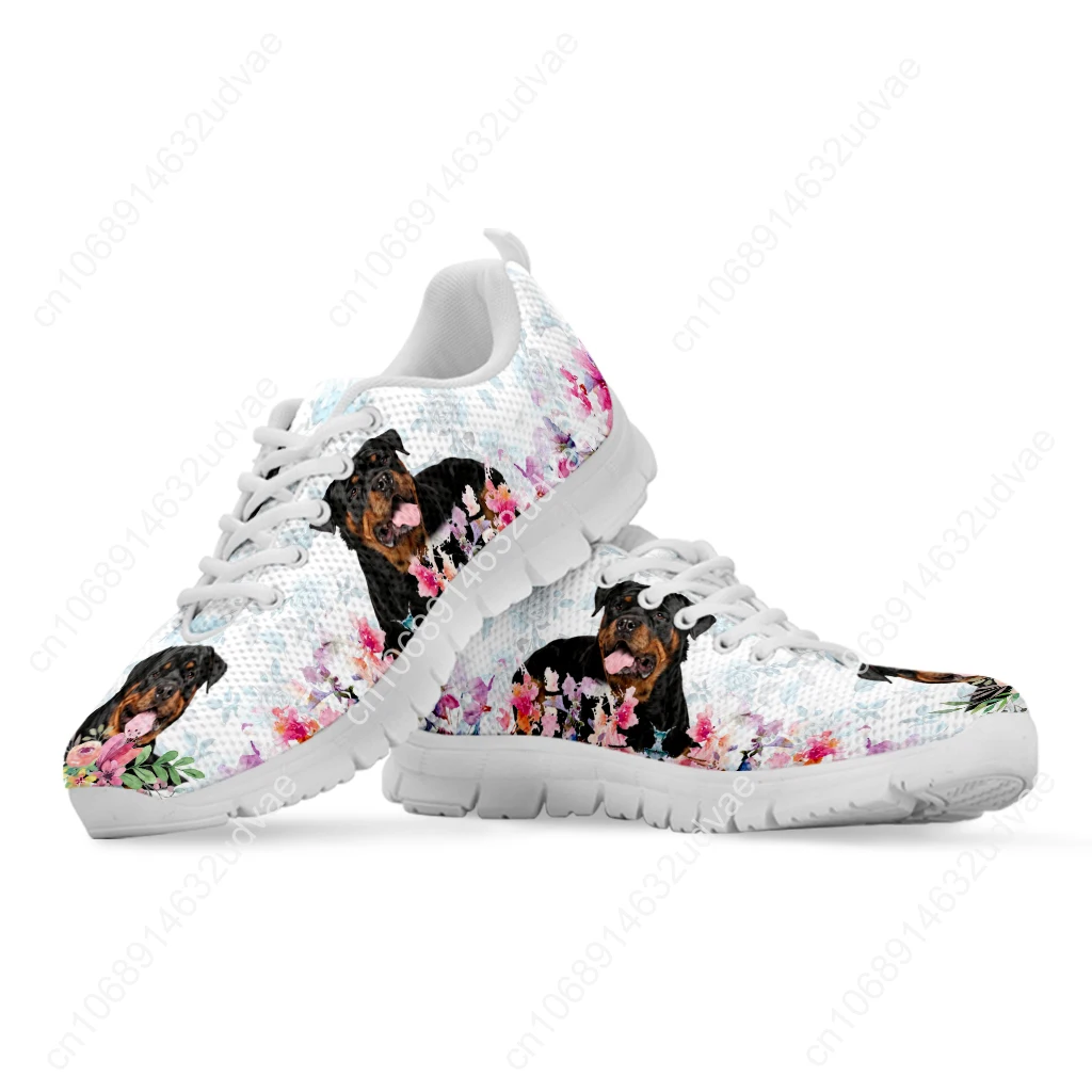 New Rottweiler Design White Soft Sole Casual Sneakers Floral Print Lace Up Sneakers Animal Shoes Zapatos Planos