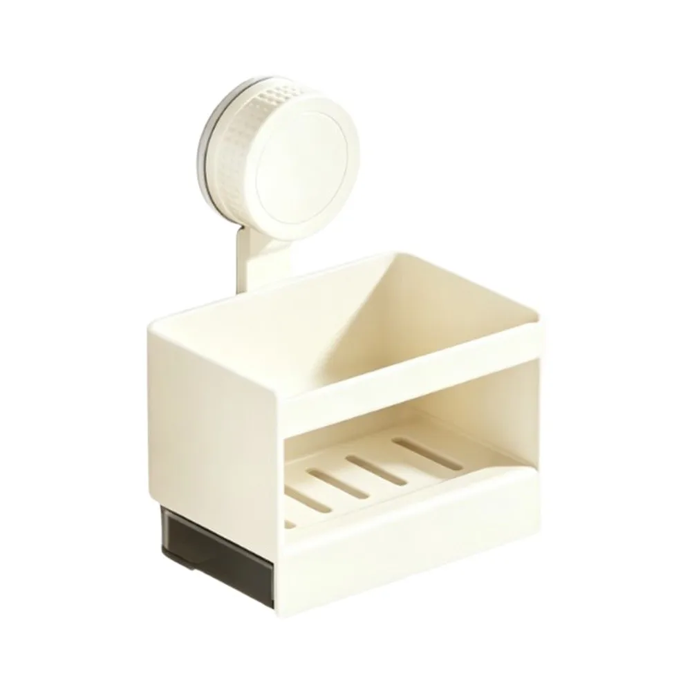 Low-Profile Soap Dish with Secure Suction Cup for Flat Surfaces 19x11.5x13 cm Self-Draining Function Cream White