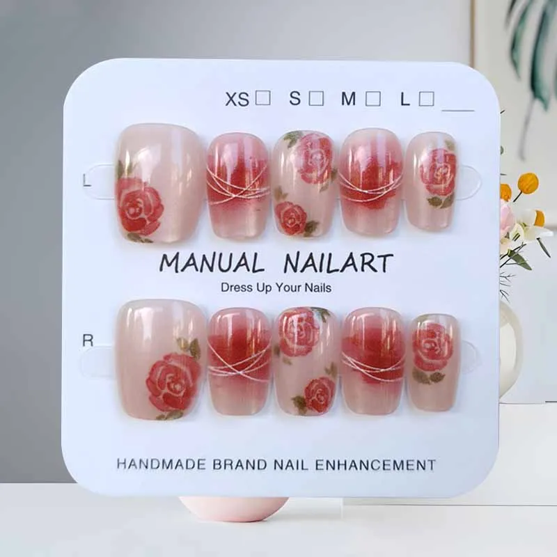 10 pezzi stile francese plaid fiore rosa occhio di gatto stampa sulle unghie griglia di ciliegio toppe per unghie staccabili adesivo per manicure patch per unghie finte