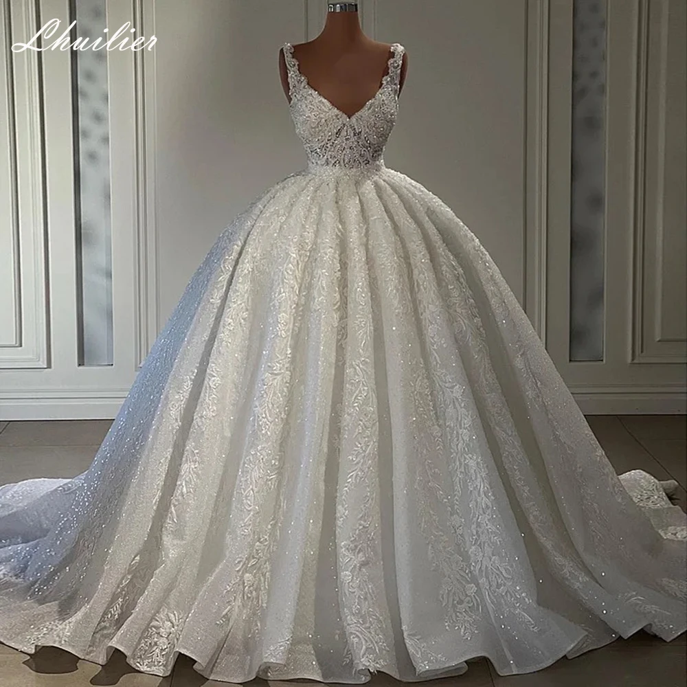 Lhuilier Real Photos A Line V Neck Tulle Wedding Dresses 2023 Sleeveless Beaded Lace Appliques Bridal Gown with Chapel Train