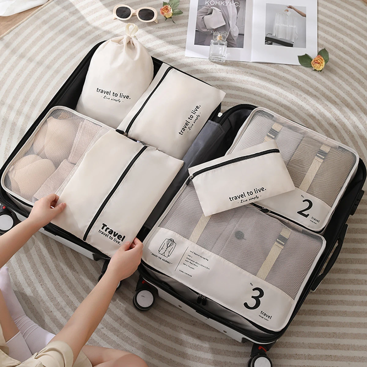 7Pcs Travel Bag Set Travel Storage Bags For Clothing 2024 New Zip Luggage Suitcase Organizer Traveling Pouch Packing Cube Kit