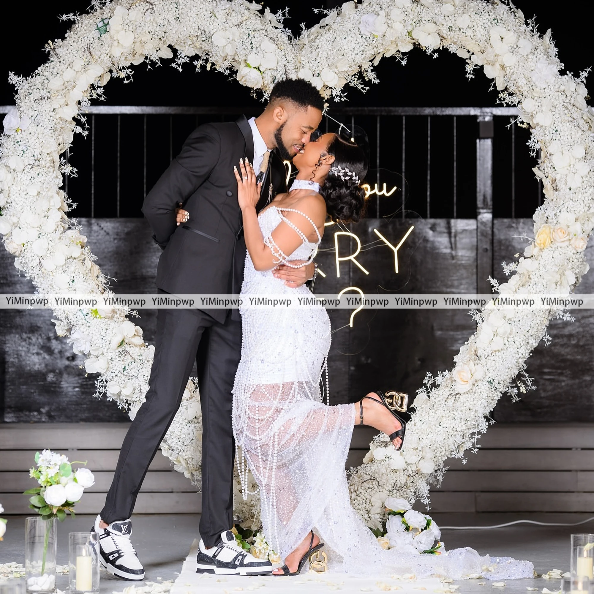 Robe de mariée sirène personnalisée, Sexy, col en v, épaules dénudées, paillettes, robes de mariée personnalisées