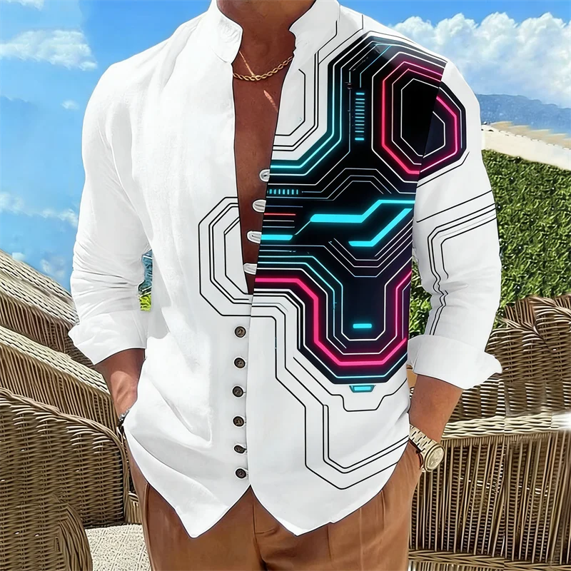 

New men's Long Sleeved Shirt With Harajuku Style 3D Hummingbird Print Long Sleeved Color Block Pattern Top Shirt