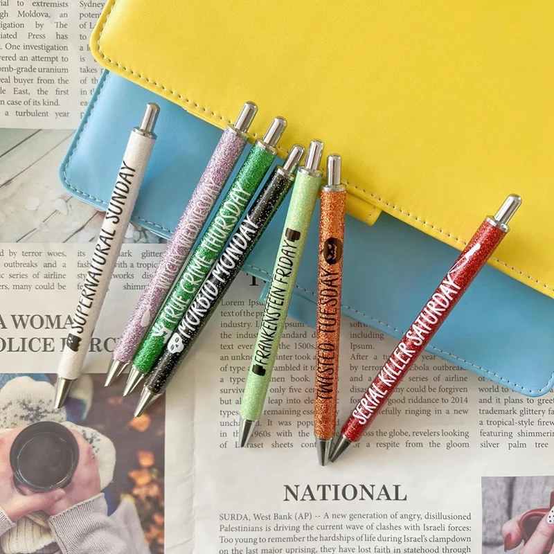 7Pcs Weekday Pens Glitter Pen With Funny Sayings Vibrant Passive Fancy Ballpoint Pens Cute Gifts