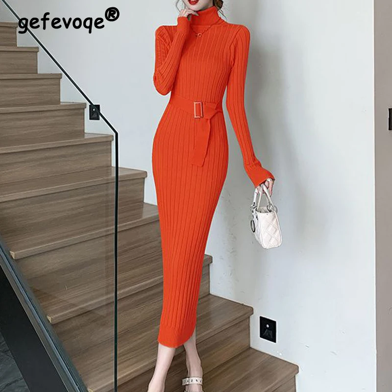 Autunno inverno donna elegante moda Lace Up dolcevita maglione vestito solido manica lunga Sexy aderente abiti lavorati a maglia di base Robe