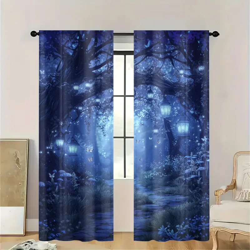 Enchanted Forest Blue Glow Curtains Semi Sheer Window Treatment Magical Lights Curtain Panel Home Decor Drapes for Living Room B