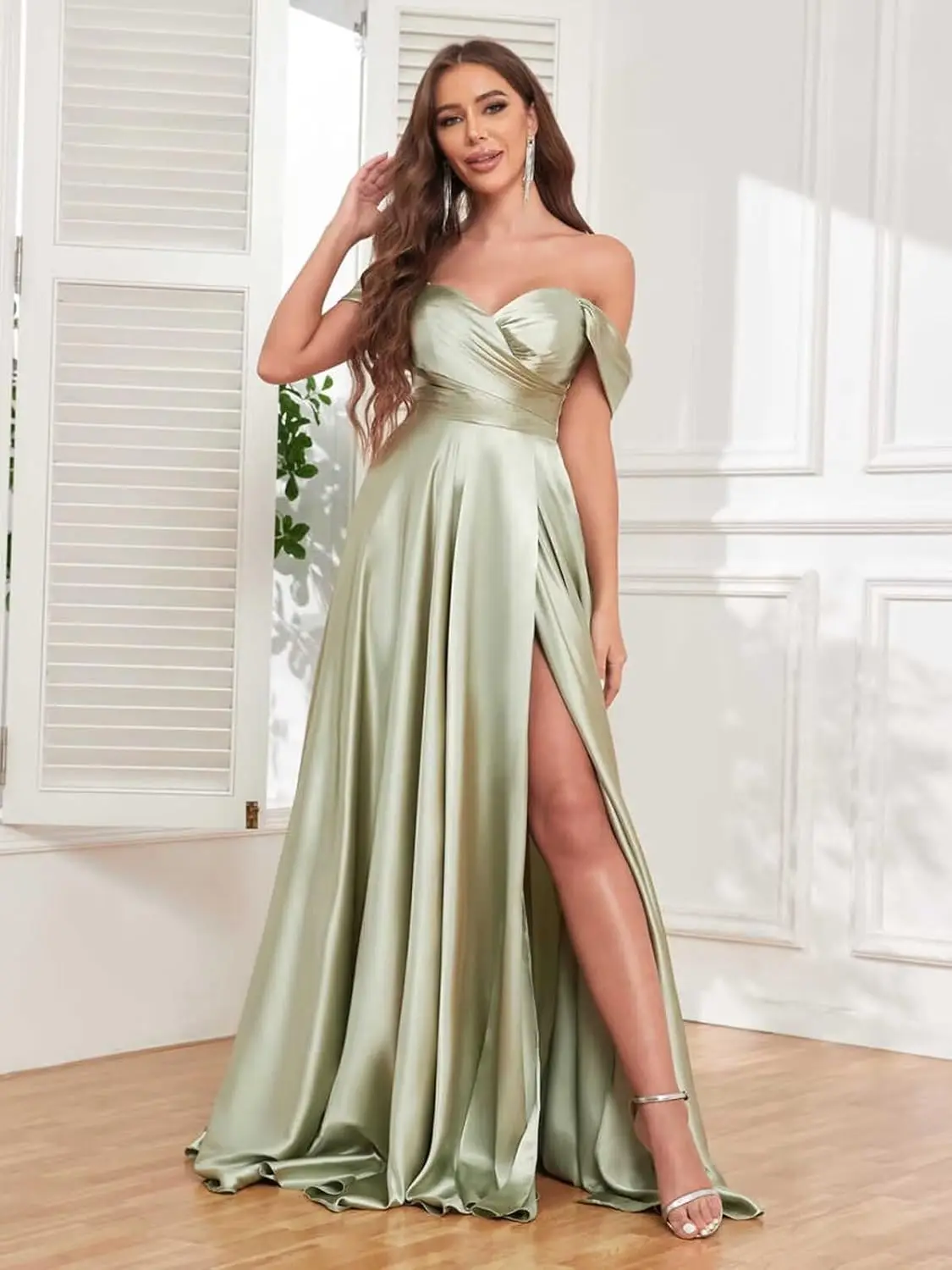 Vestido de baile de cetim longo fora do ombro vestidos de dama de honra para mulheres com fenda plissado vestido formal vestidos de festa vestido de luxo