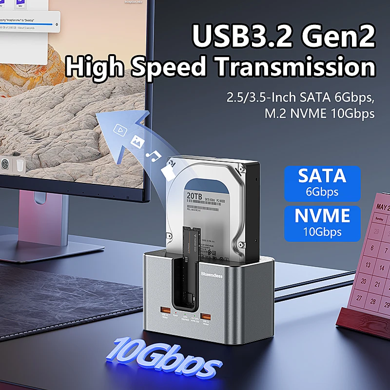 Blueendless SSD HDD Docking Station for Multi M.2 PCIE NVMe & M.2 SATA & 2.5'/3.5' SATA SSD/HDD with USB3.2 HUB HDD/SSD Enclosur