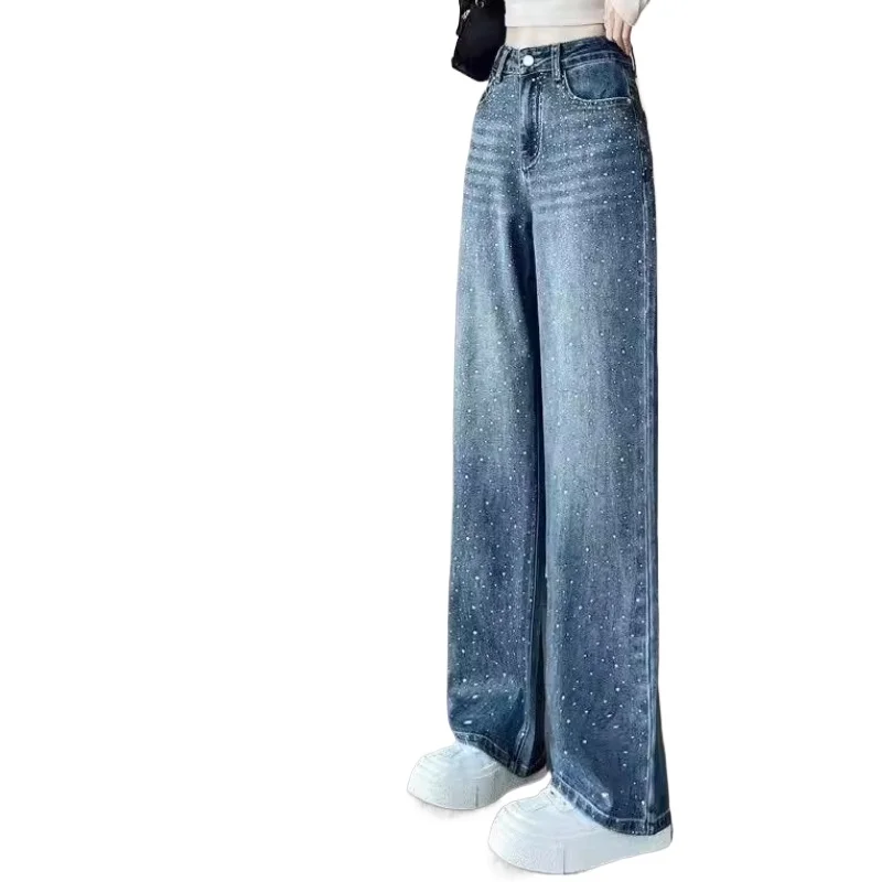 Rhinestone Wide-Leg High-Waist Slimming Loose Casual Jeans for Women with a Sense of Design High Street Straight Pants