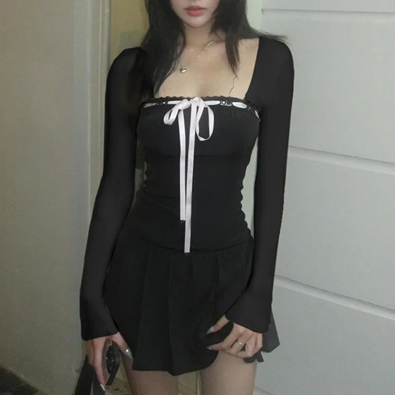 Y2K أسود ساحة طوق فستان بكم طويل المرأة أنيقة الدانتيل متابعة القوس ألف خط فستان قصير الكورية فساتين قصيرة الملابس الجمالية 원ipiС