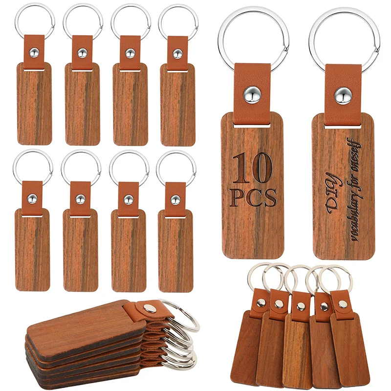 10Pcs Wooden Keychain Blank with Leather Strap Unfinished Wood Keychain for DIY Various Key Tags Craft Gift