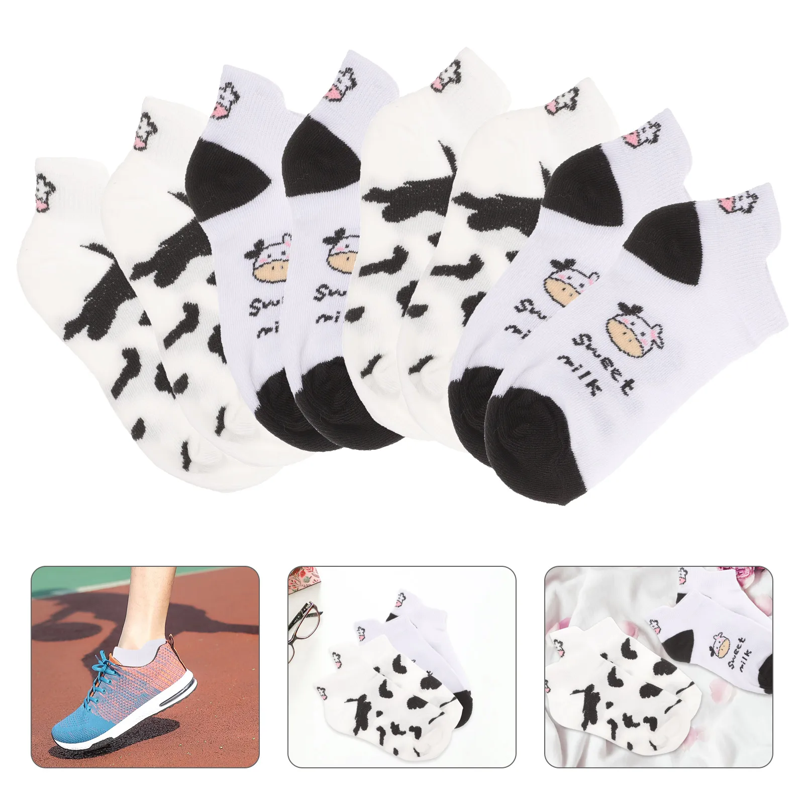 

4 Pairs Pattern Socks Short Cute Animal Print Ladies Girls Breathable Anti Friction Anklet Socks Matching Soft Cotton