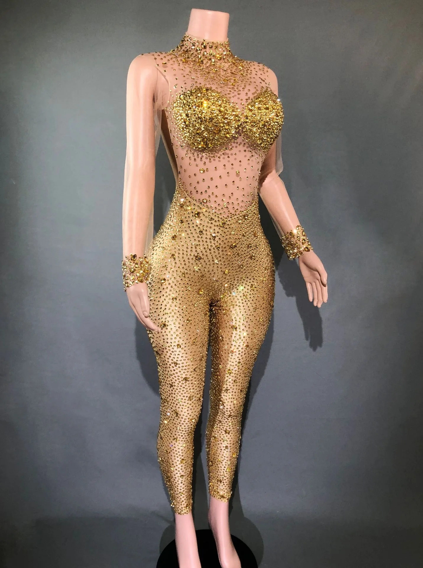 Golden Shinestones Sexy See-Through Jumpsuit Women Birthday Celebrate Prom Party Transparent Outfit Evening Stretch Costumes