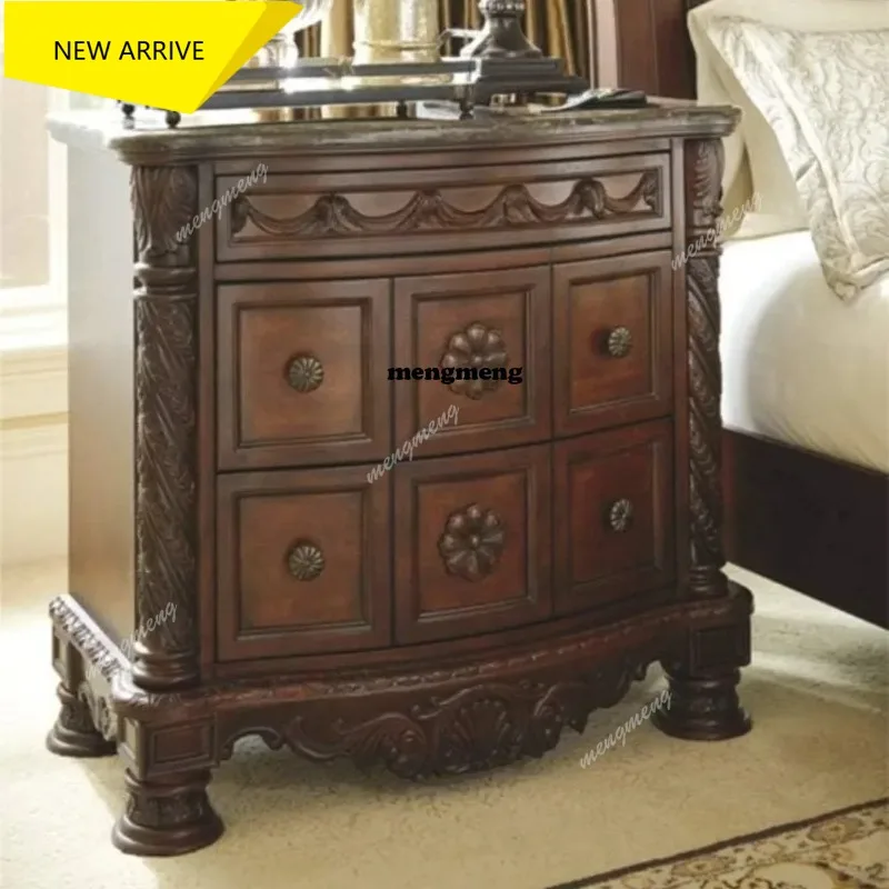 M138 North Shore Ornate 3 Drawer Nightstand with Marble Inlay Top  Dark Brown Furniture Bedroom  Bedside Table  Bedroom Furnitur