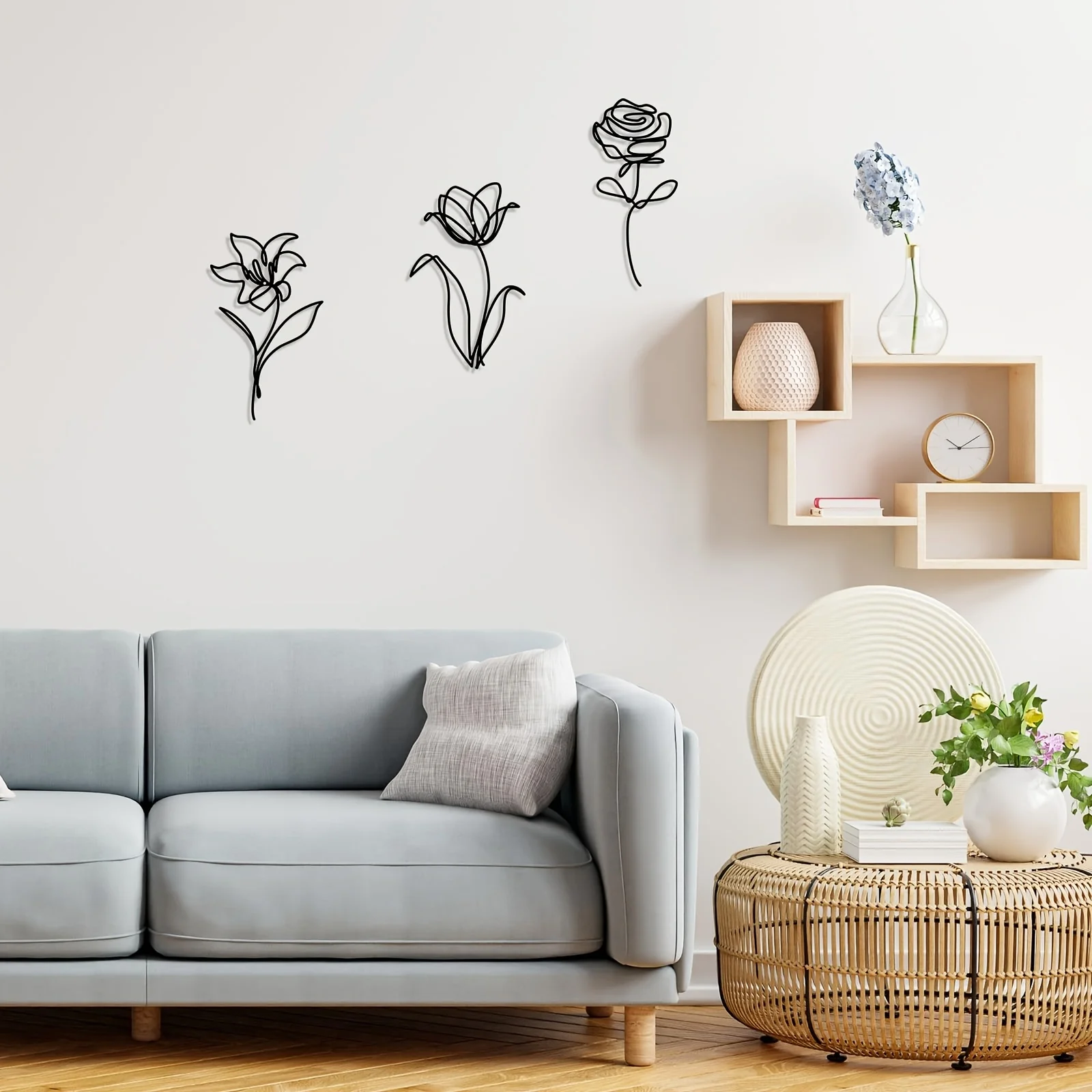 3 Pieces of Black Metal Wall Decor, Wire Flowers, Cute Floral Wall Carvings, Minimalist Wall Art, Iron Material Flower Silhouettes Add a Touch of Color to the Living Room, Kitchen, Bedroom, Bathroom, and Terrace, a Unique Christmas Gift.