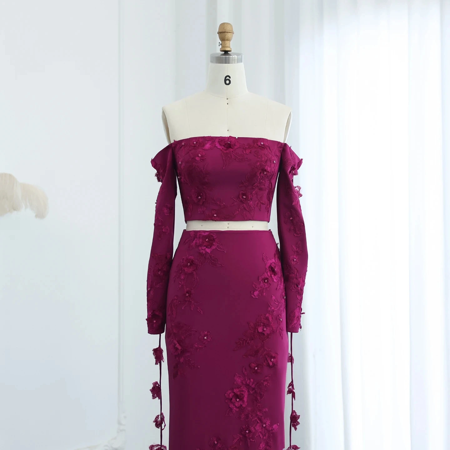 Elegant Off Shoulder Fuchsia 2 Pieces Evening Dress With Long Sleeves 3D Flowers Arabic Wedding Party Gowns Sz310