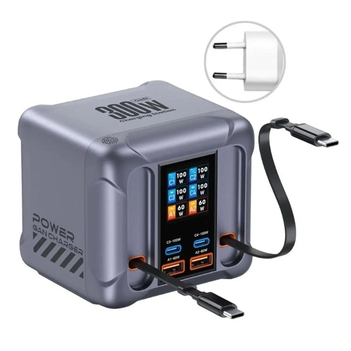 update. Portable 300W Type C USB Charging Station 6 Port Include Retractable Cable for Home & Travel USB C Charging Hub EU Plug