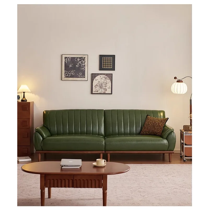 

French retro oil wax leather living room leather sofa new small apartment double household straight row green three-person sofa