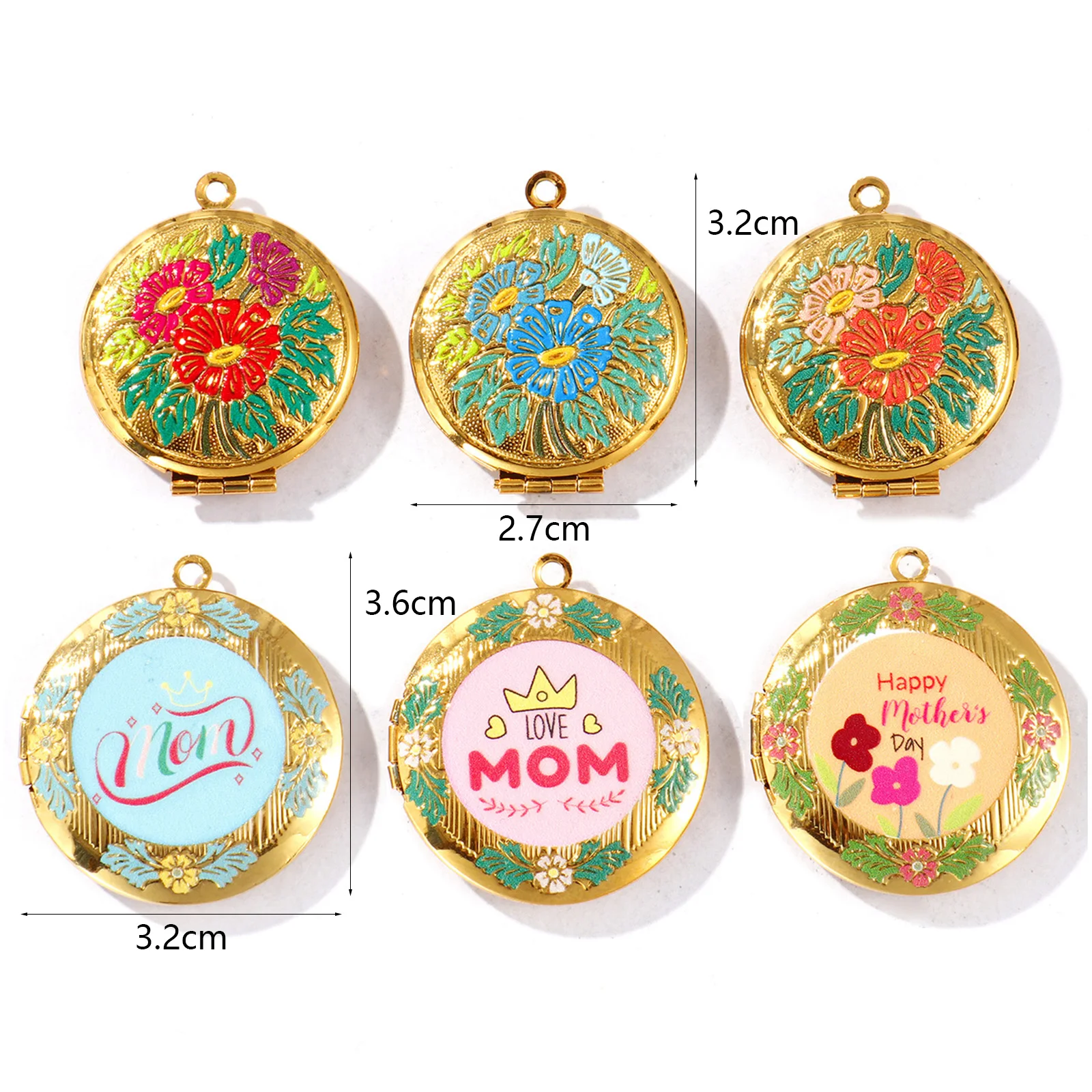 1pc Vintage Stainless Steel Charms Mother's Day Picture Photo Locket Frame Multicolor Flower Enamel Can Open Pendant DIY Jewelry