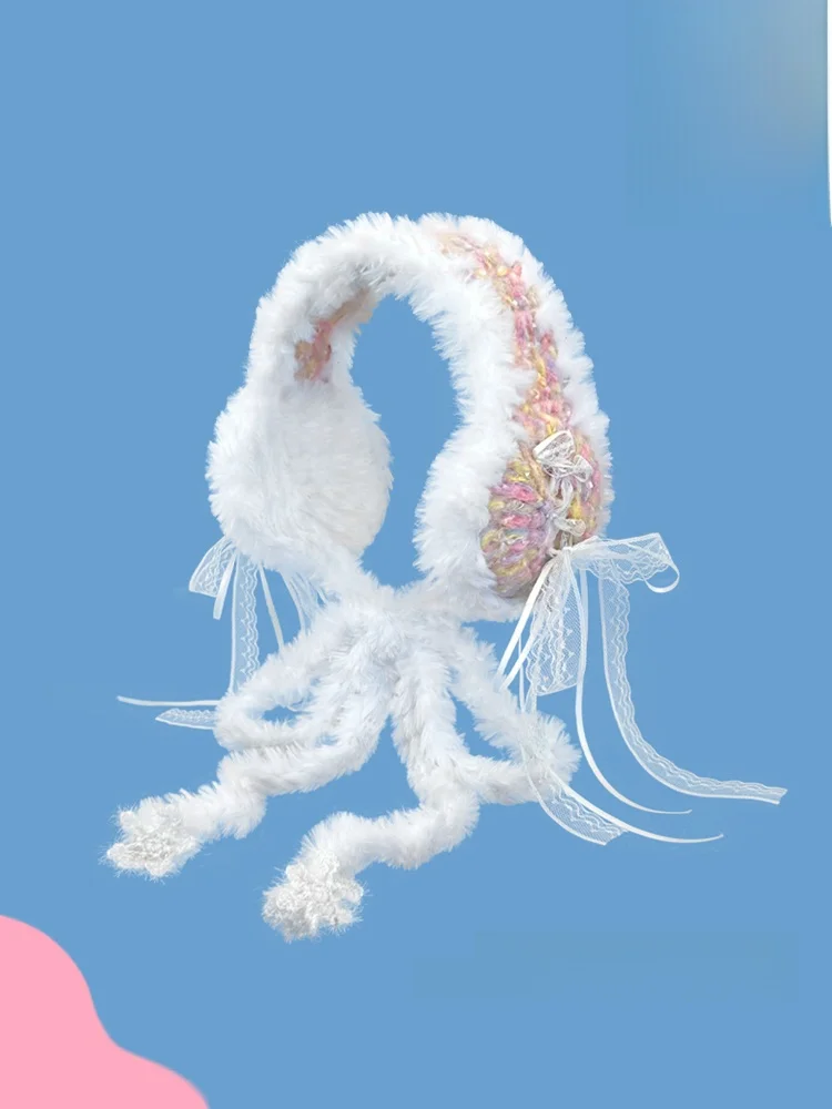 かわいい赤い韓国風レース蝶結びぬいぐるみイヤーマフ暖かい耳保護かわいい耳カバー学生向けトレンディ