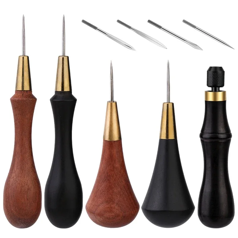 TLKKUE Leather DIY Wooden Handle Awls Sewing Awl Shoes Repair Tool Hand Stitcher Leather craft Awl Punch Hole Leather Tools