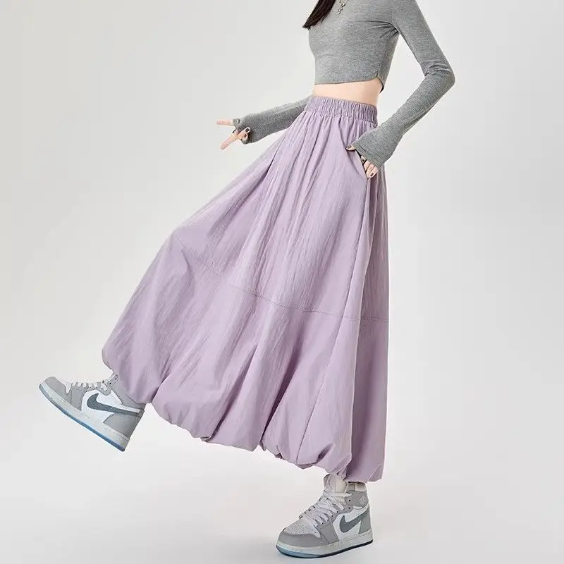 Women Elastic Waist Loose Balloon Maxi Skirt High Waist Pocket Wrinkle Texture Casual Harajuku Long Skirt