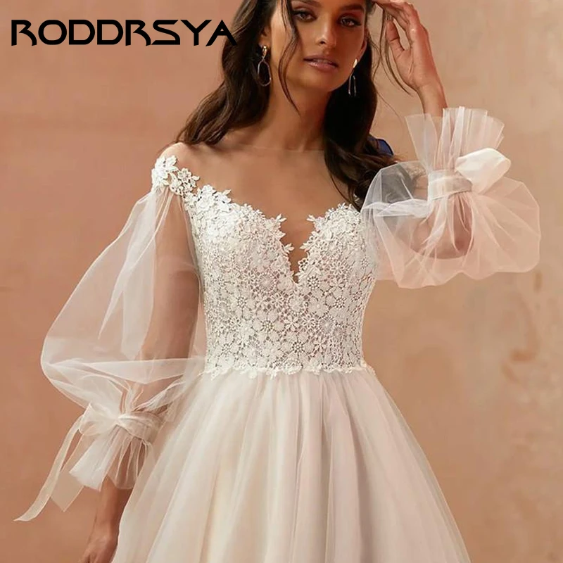 RODDRSYA-Robe de Mariée Élégante à Col Rond et Manches Bouffantes, Vêtement Romantique avec Robe de Mariée Élégante à Col Rond et Manches Bouffantes, VêtemenAppliques en Tulle, Bouton de Rêve dans le Dos, Ligne A, 2023