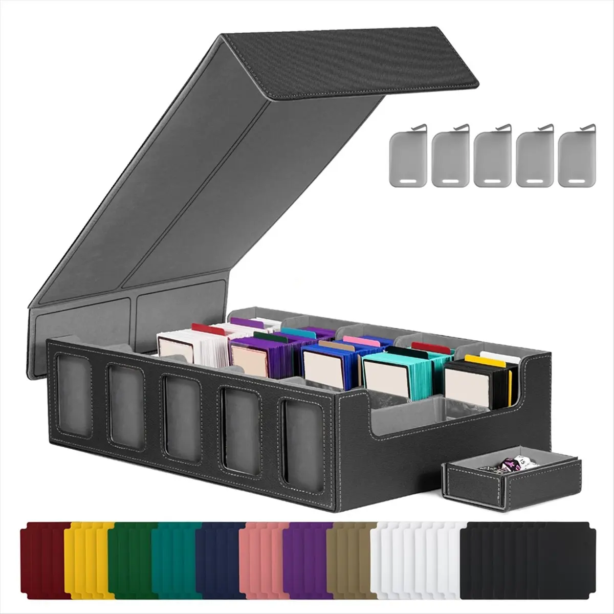 ABJX Trading Card Storage Box with Window, 5-Row Deck Case with Removable Lid,Card Deck Box for Game Sports Card Black+Gray DROP