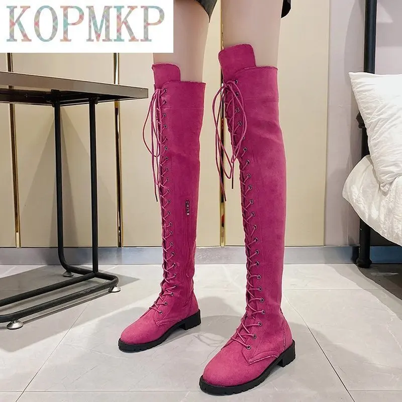 2022 Sexy Over Knee Boots Women Rome Lace-up Boots Women Flats Shoes Woman Flock Long Boots Botas Winter Thigh High Boots 34-43